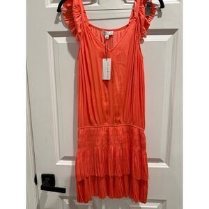 Current Air Los Angeles Pleated Smocked Mini Dress Coral Orange Ruffle Sleeve S